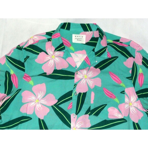 Duvin Camp Shirt Mens Medium Green Pink Floral Hawaiian Rayon Casual Button Up - Picture 2 of 7